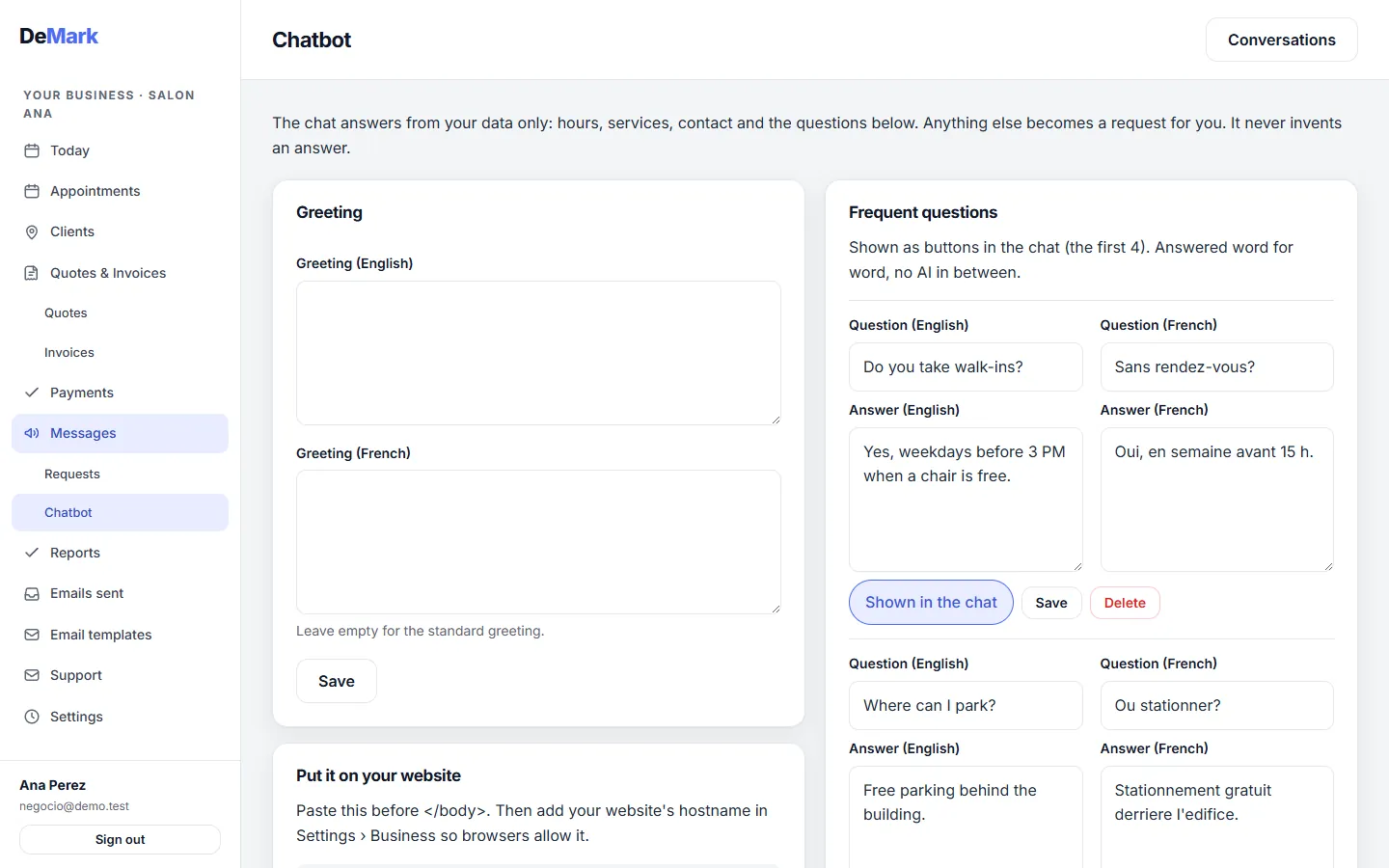 Chat settings: the greeting and the frequent questions it answers word for word