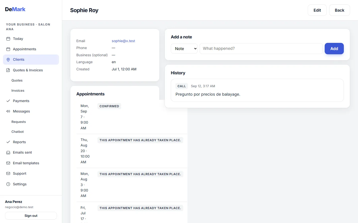 A client record: contact details, appointments, requests and a history of notes and calls