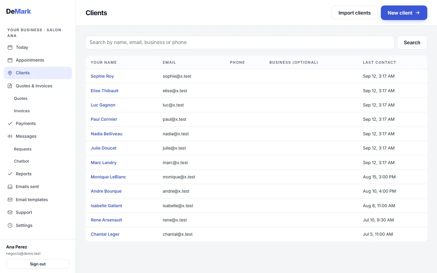 Client list with a search box, and each person's email and last contact