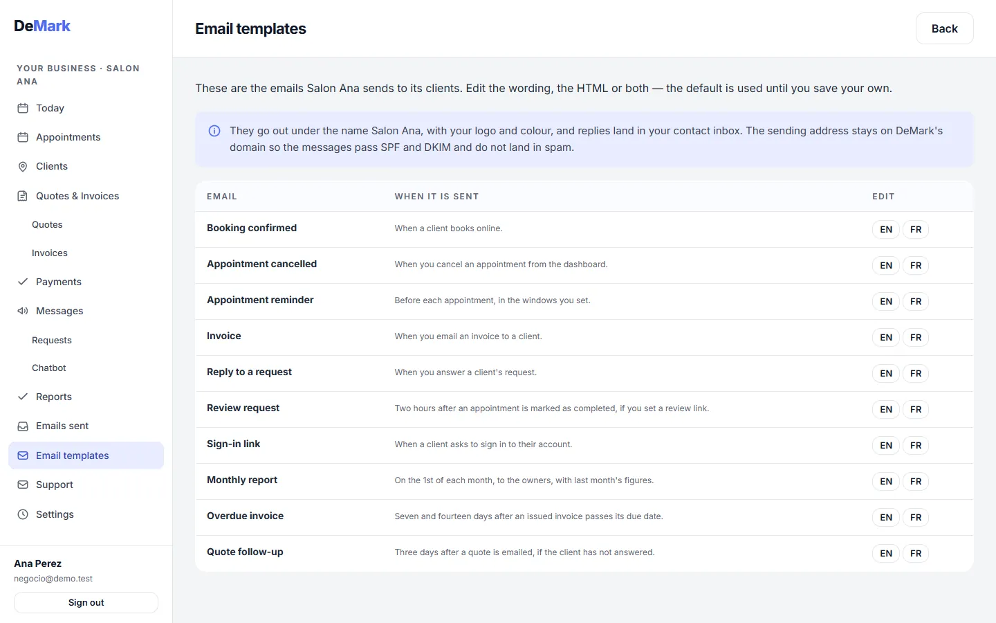 List of email templates and when each one is sent, editable in English and French