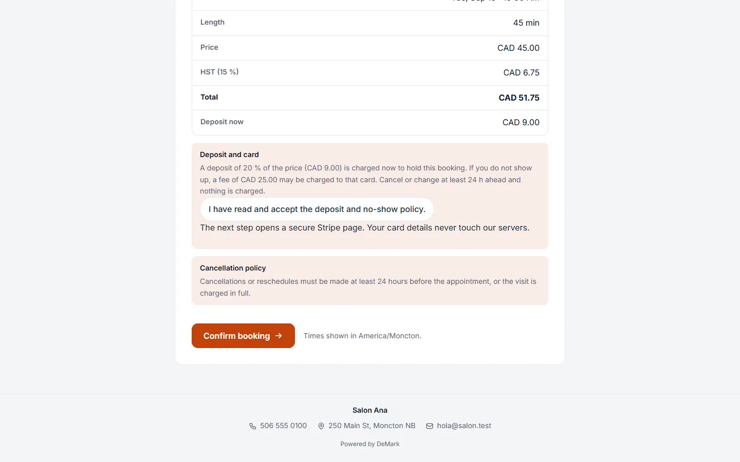 The deposit step of the booking page, showing the amount due to confirm