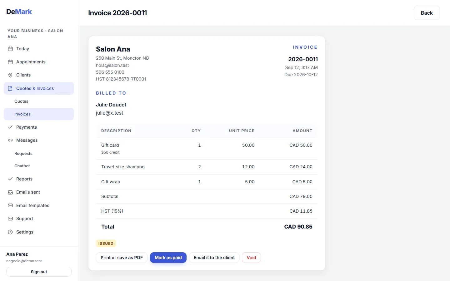An invoice built from several line items with quantities and a tax line