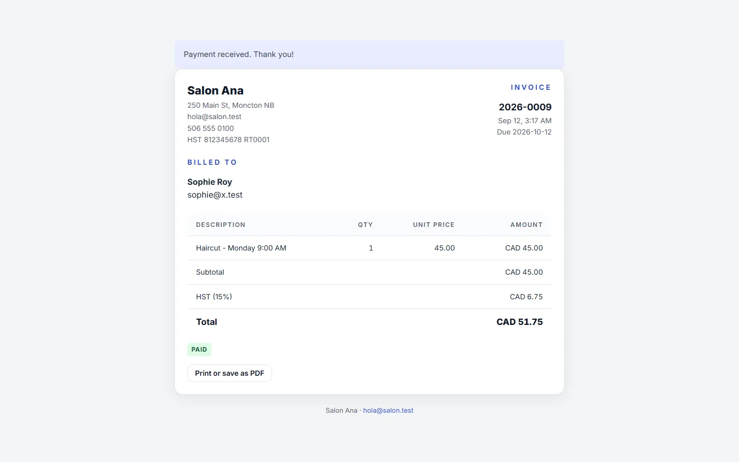 The invoice as the client sees it from the emailed link, ready to print or save as PDF