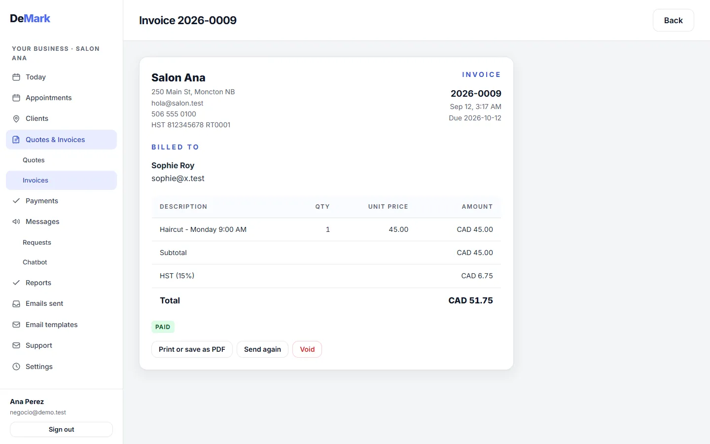 One invoice in the back office, marked paid, with buttons to print, send again or void it