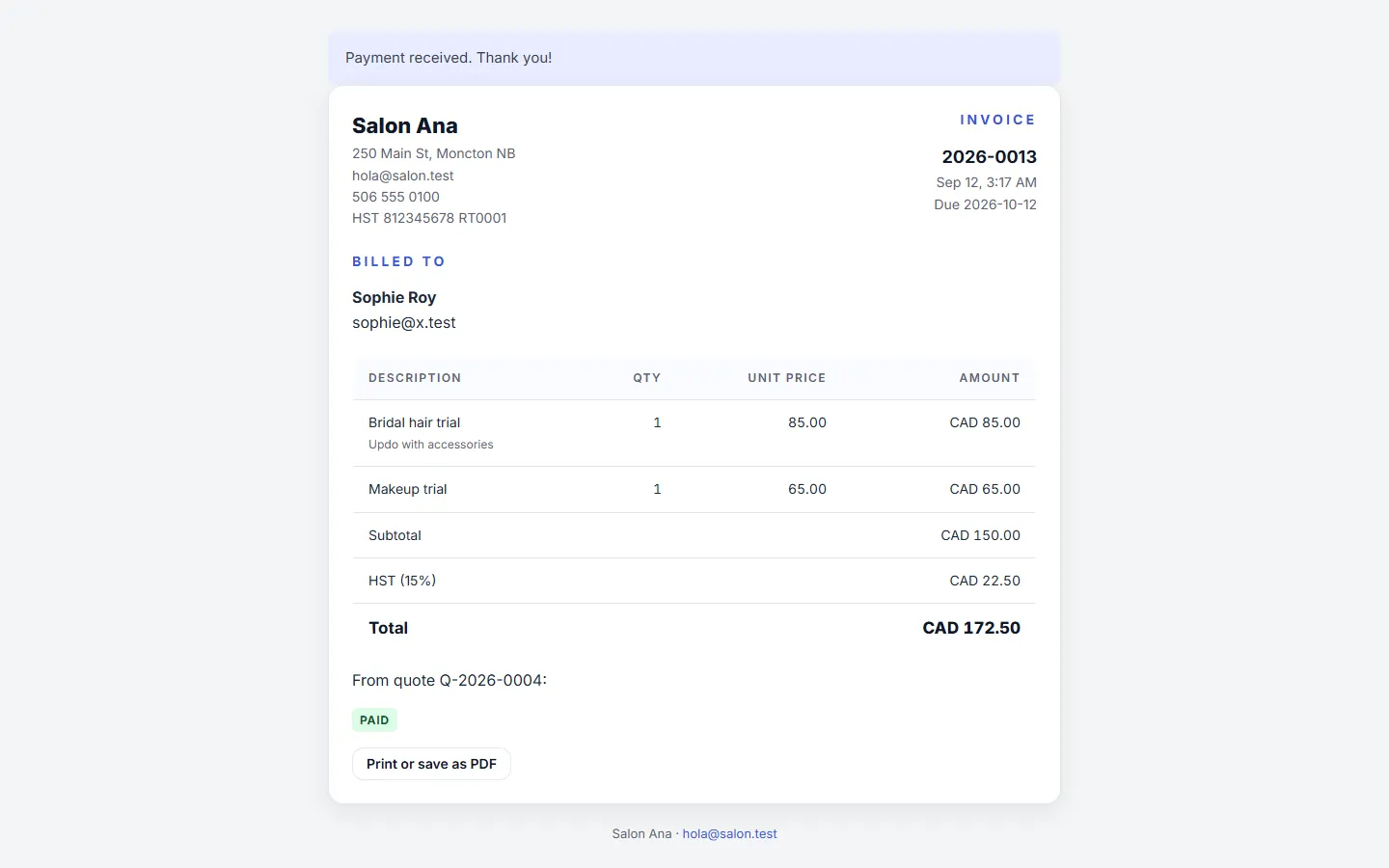 An invoice as the client sees it after paying by card: payment received and marked paid