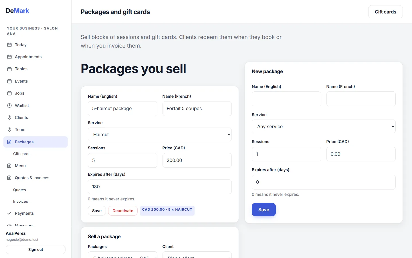 A client's prepaid package with the sessions used and remaining