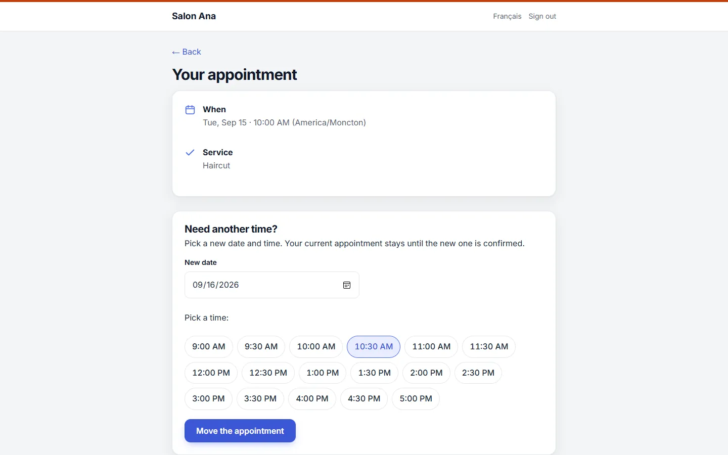 Moving an appointment from the client portal by picking a new date and time