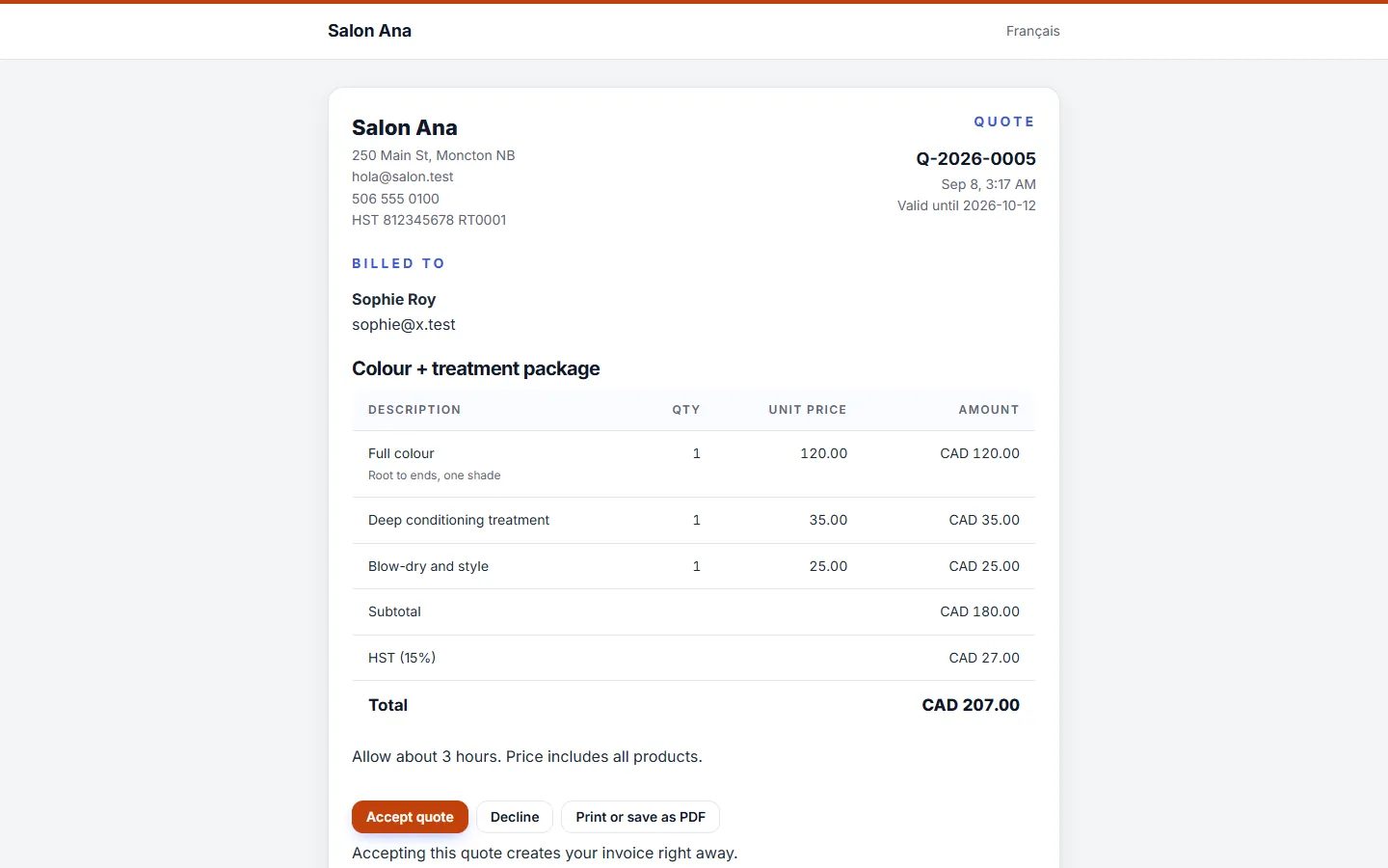The page a client opens to read and accept a quote