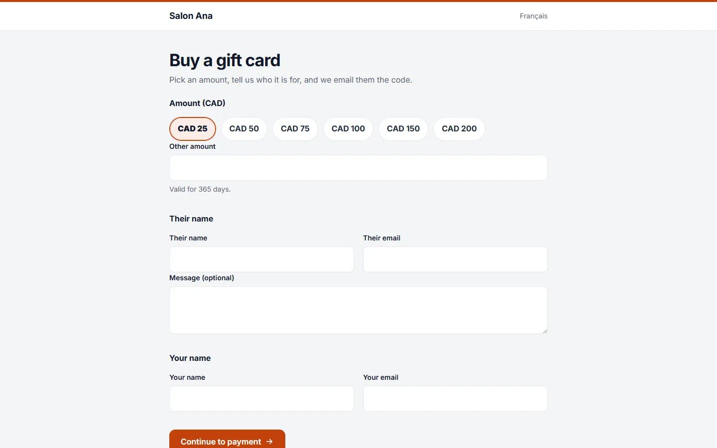 The public gift card page where a client picks an amount and pays