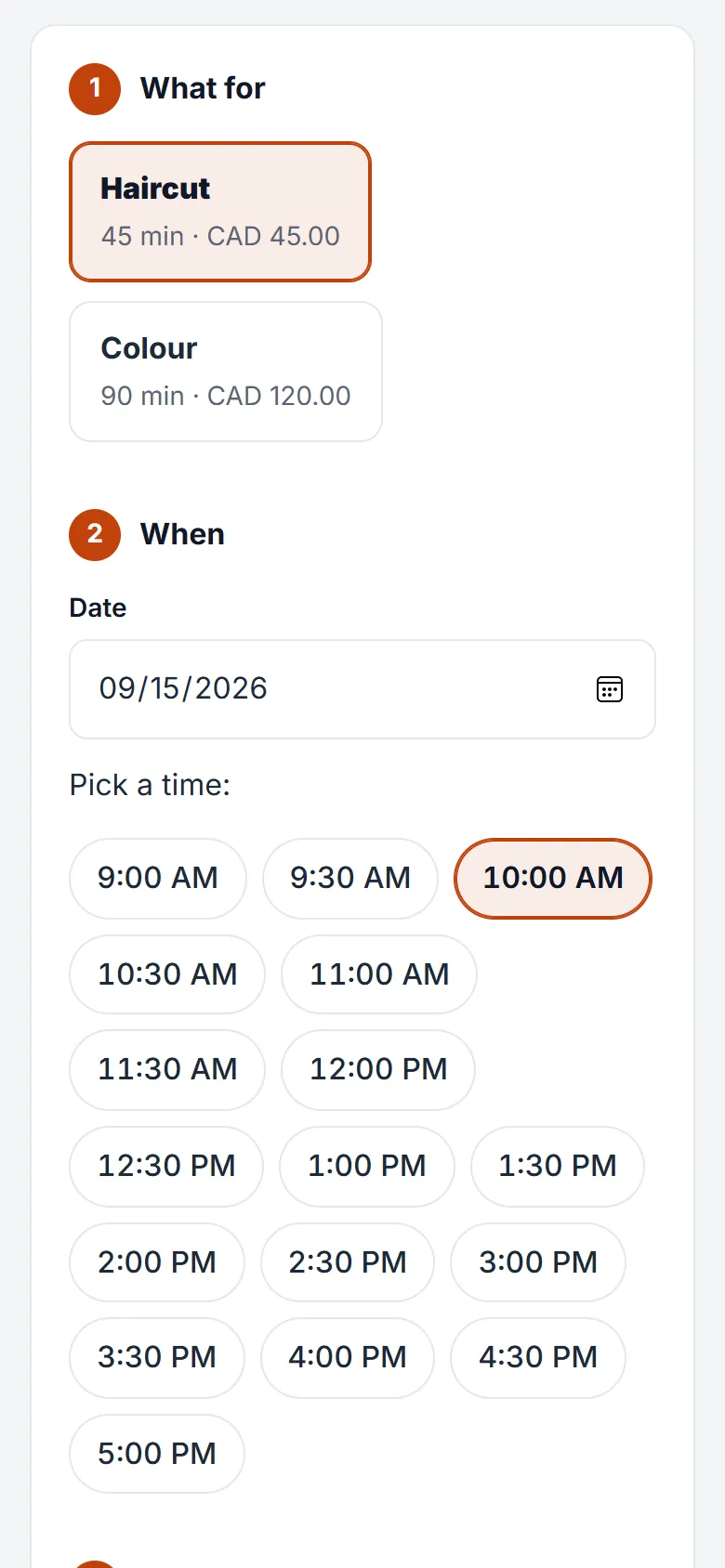 The same booking page on a phone