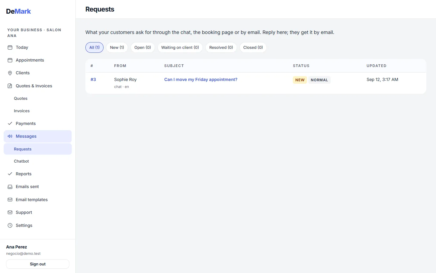 Requests inbox filtered by status, with a new request that came in through the chat