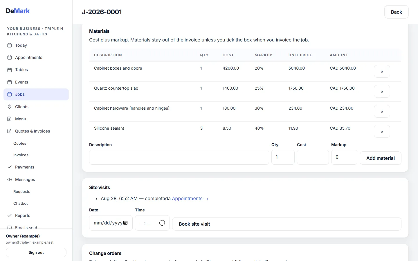 A job with its notes, materials and photos logged as the work happens