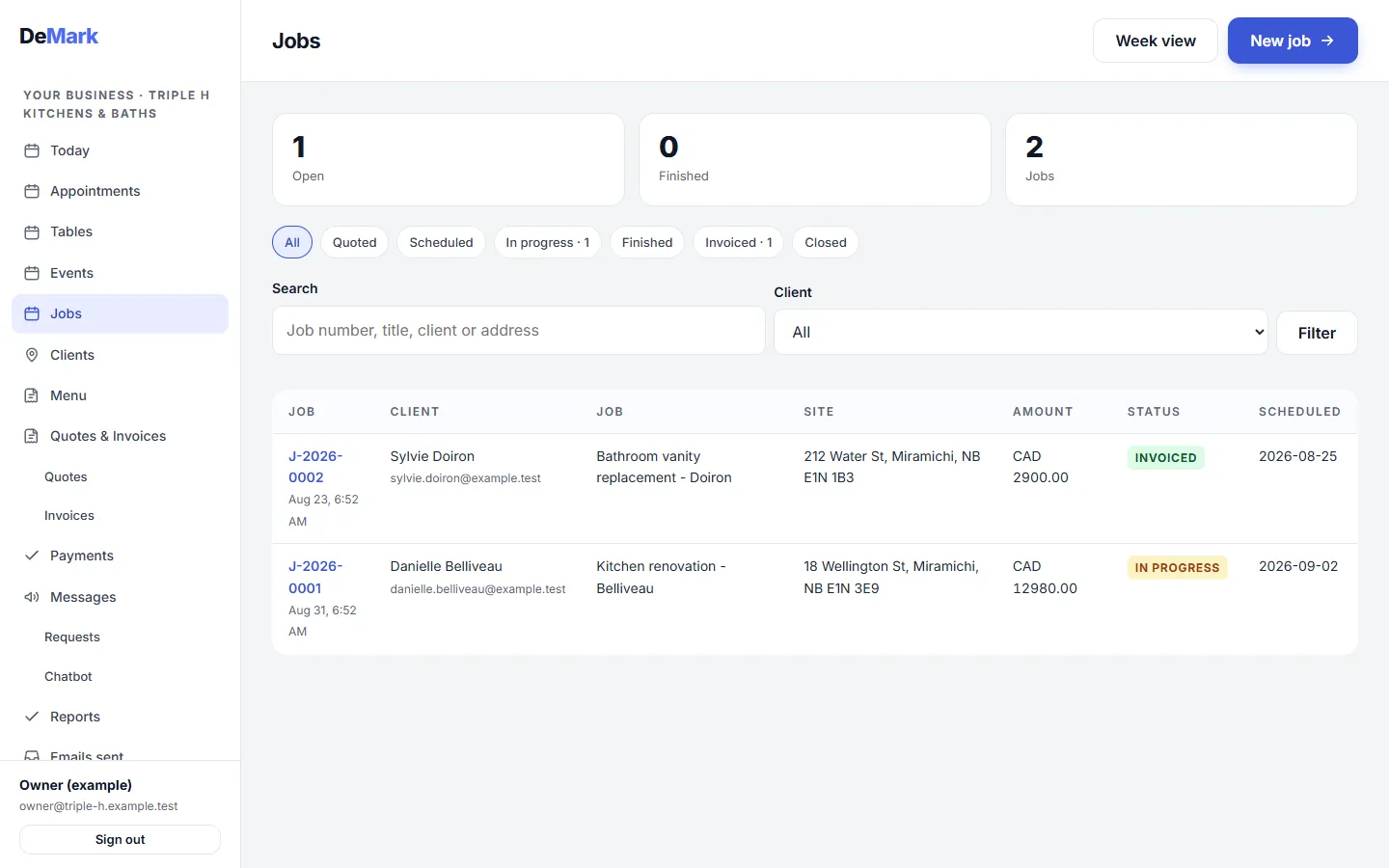 Job list by stage, from quoted to closed, with the client and address on each row